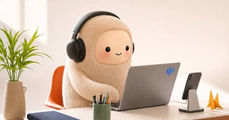 A fuzzy, smiling cartoon character wearing headphones works on a laptop at a tidy desk with a plant and a phone.