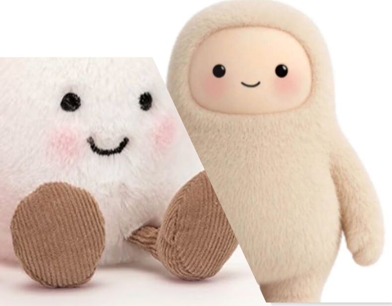 A white plush toy with a stitched smile and corduroy feet, beside a fuzzy beige AI character with the same rosy cheeks and simple smiling face.