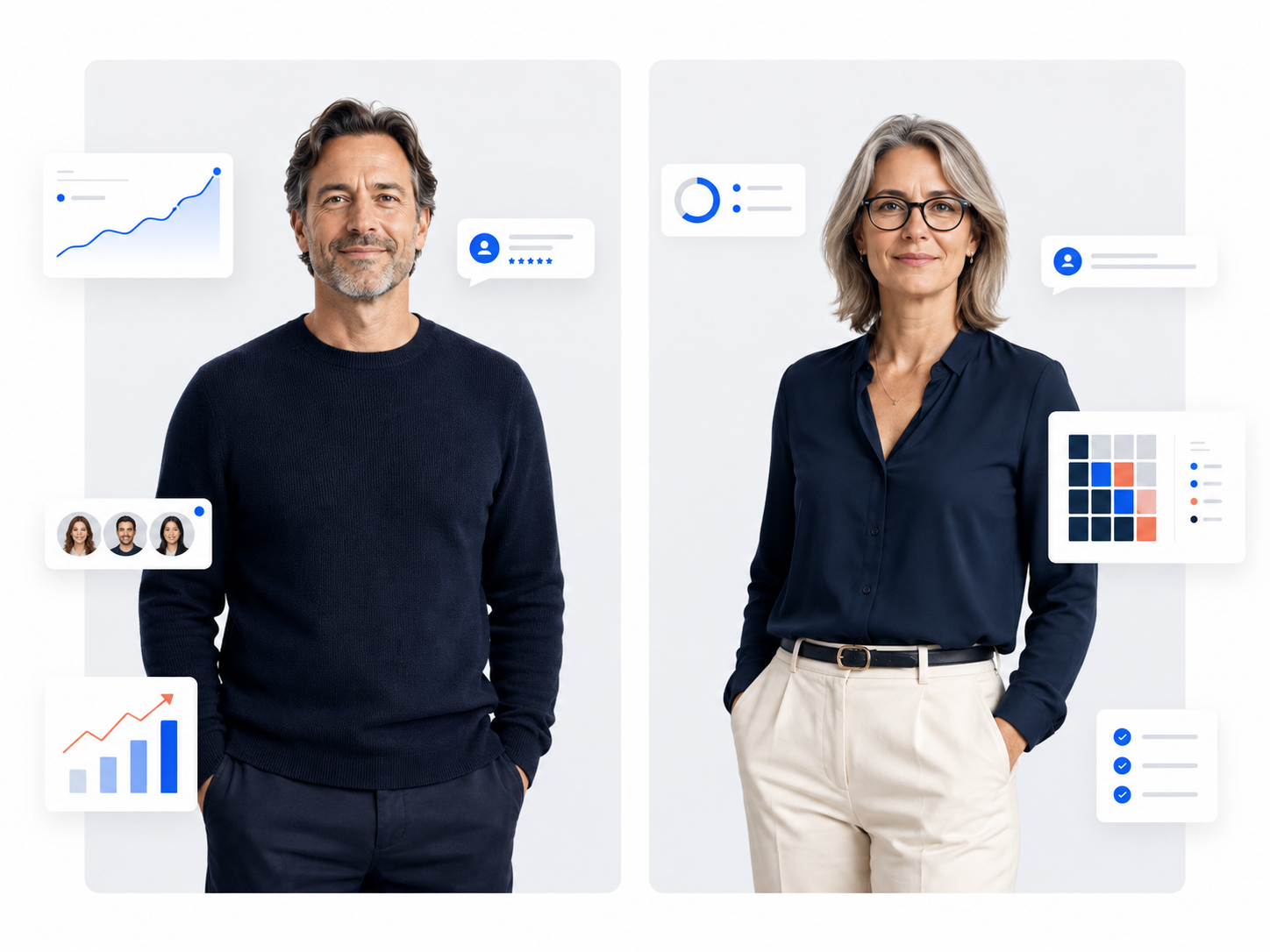 Two client types side by side: a founder with growth and customer signals, and a risk or security leader with coverage and control data