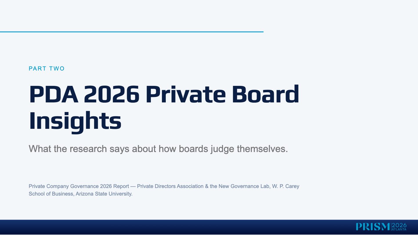 Slide 8: PA RTTWO PDA 2026 Private Board Insights What the research says about how boards judge themselves. Private Company Governance 2026 Report — Private Directors Association & the New Governance Lab, W. P. Carey School of Business, Arizona…