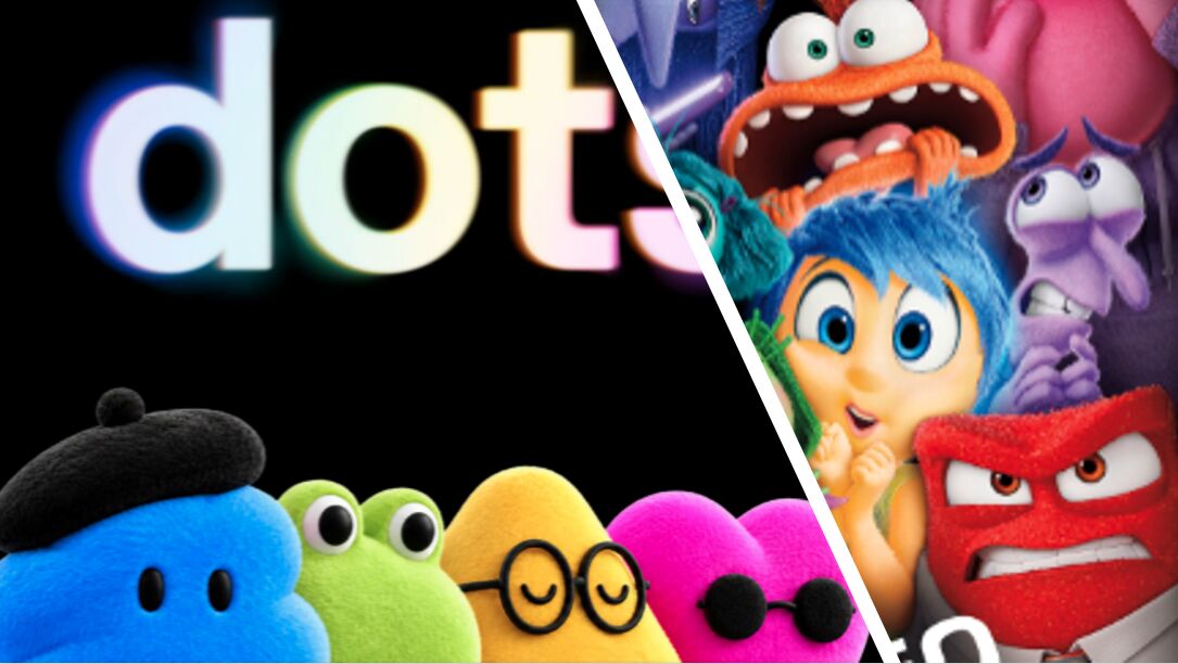 Left, OpenAI’s dots wordmark above four plush cartoon characters. Right, the emotion characters from Pixar’s Inside Out 2, including Anxiety, Joy and Anger.