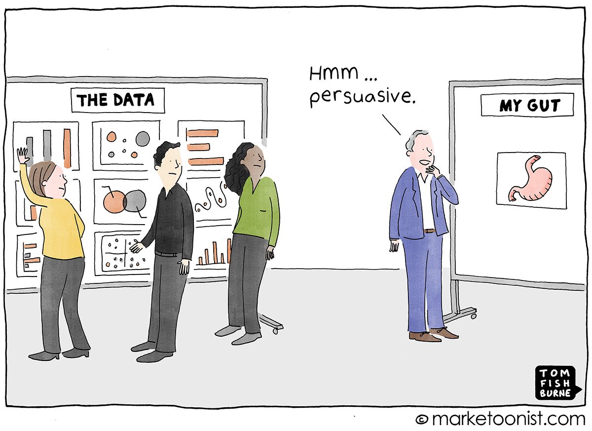 Cartoon: three colleagues stand beside a board labelled The Data while a senior executive studies a board labelled My Gut, showing a stomach, and says “Hmm… persuasive.”