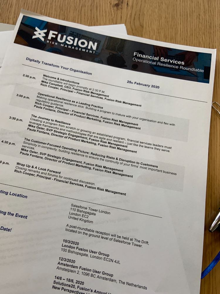 Printed agenda for the Financial Services resilience roundtable