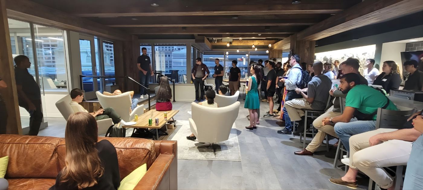 Packed Ground Floor meetup in a Philadelphia startup lounge