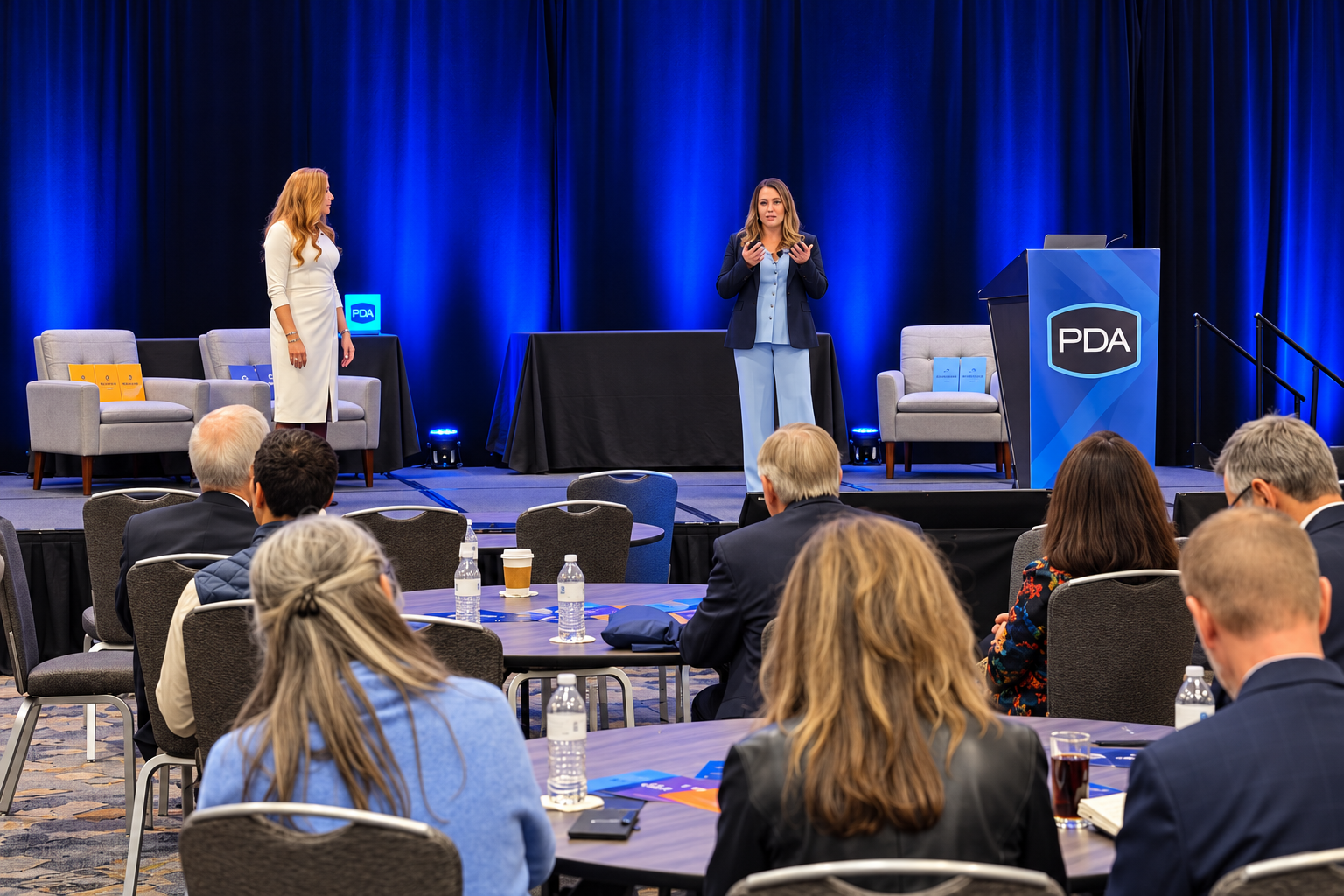 Two speakers on a stage with blue curtains and a PDA podium, addressing directors seated at round tables.