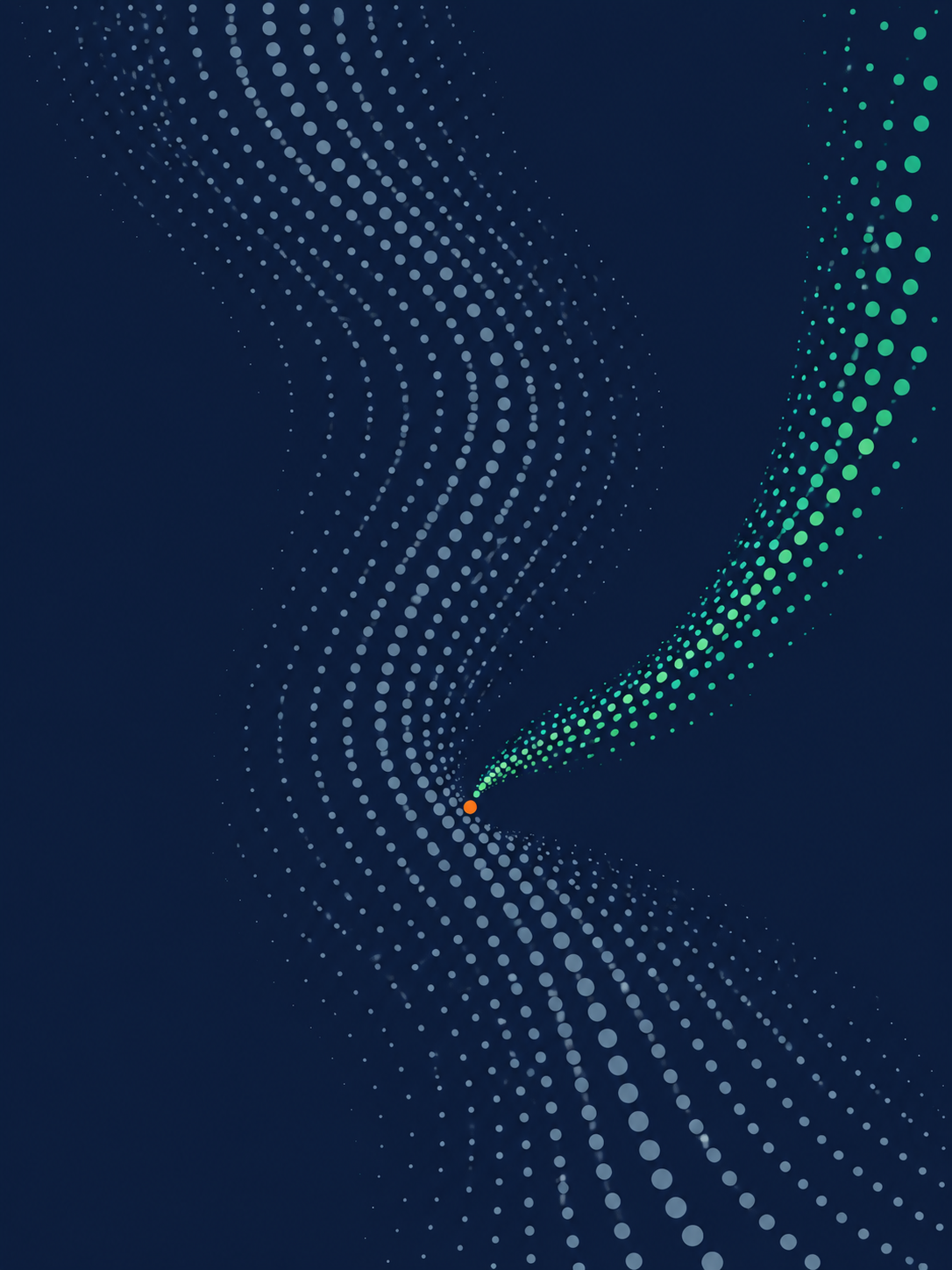 A dense field of muted dots curving through the frame, with a single orange dot at the pivot and a green stream fanning up and away from it.
