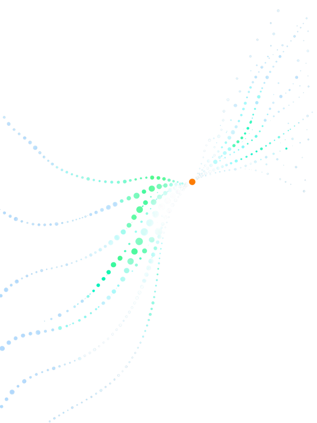 Pale dotted trails converging from the left into a single orange dot, then fanning out again in green and cyan toward the upper right.