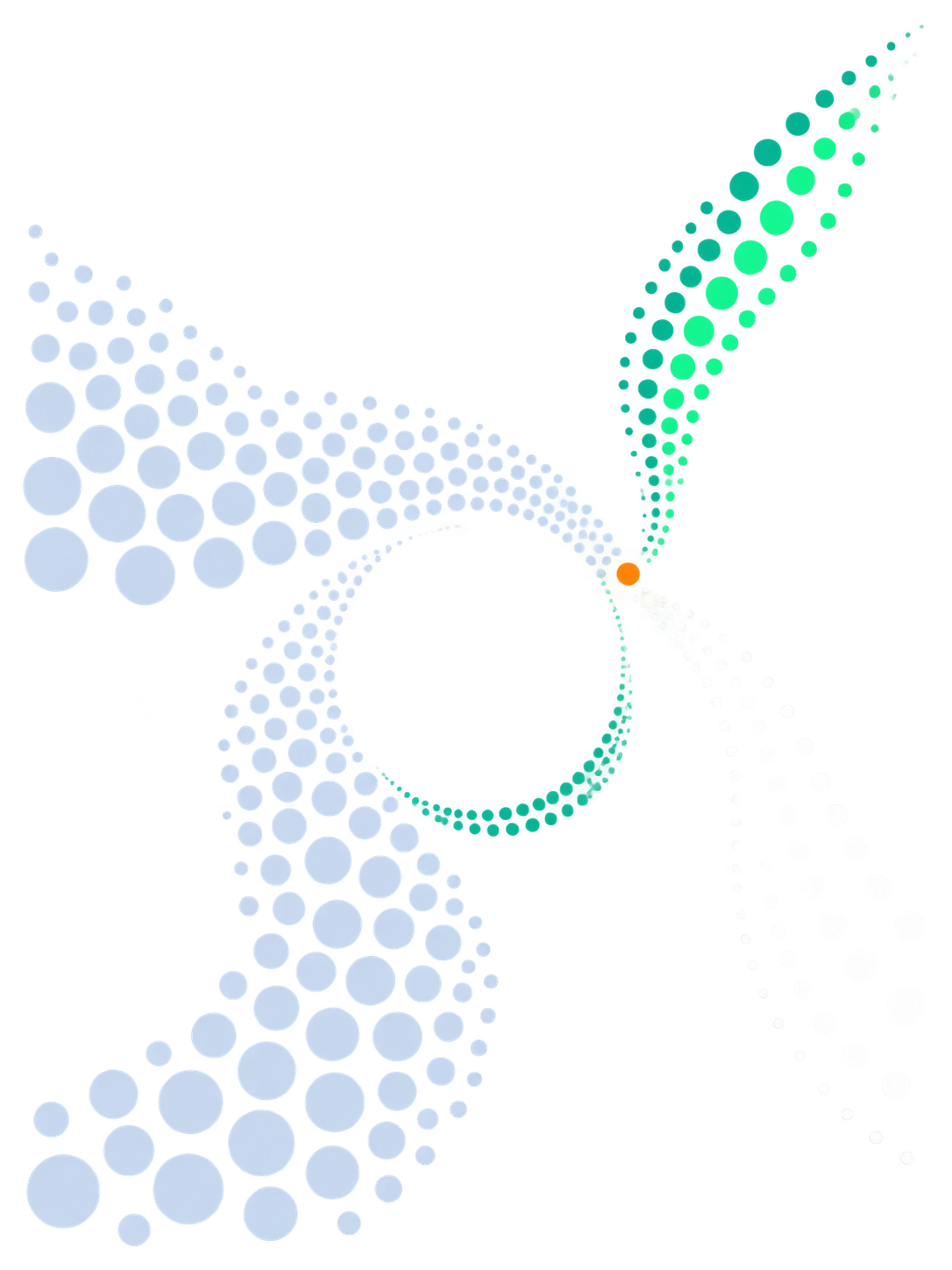 Pale dotted arcs curving up from the lower left to a single orange dot, where a bright green stream lifts away to the upper right.