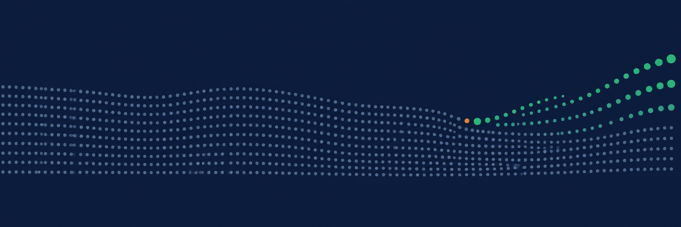 A dense field of muted dots drifting flat and slightly downward, then one orange dot at the turn and a rising fan of green dots growing larger toward the right edge.