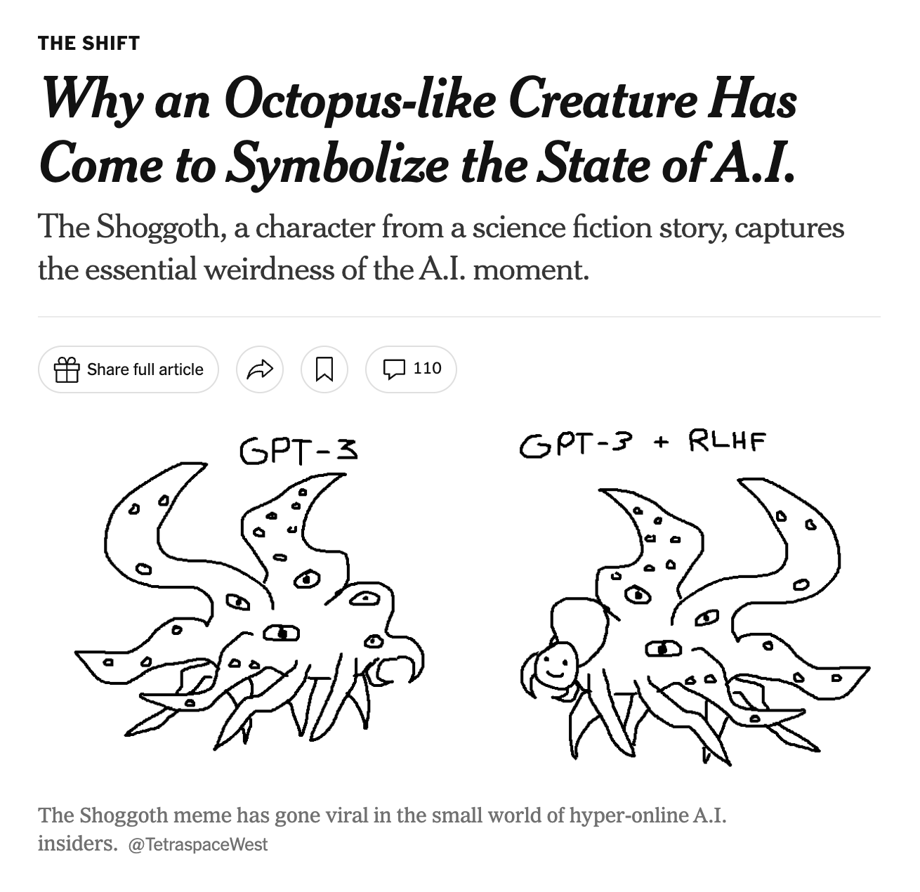 A New York Times article headlined “Why an Octopus-like Creature Has Come to Symbolize the State of A.I.,” showing two hand-drawn many-tentacled creatures labelled GPT-3 and GPT-3 + RLHF; the second has a small smiley face attached to one tentacle.