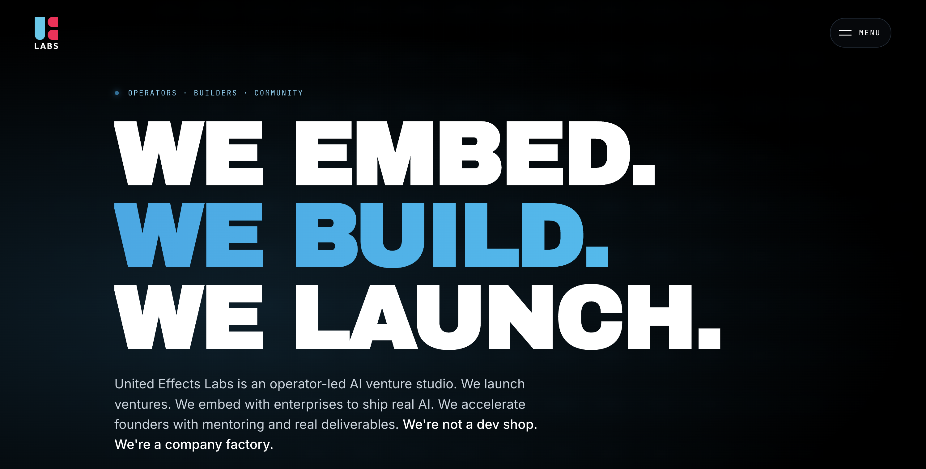 The site — We embed. We build. We launch.